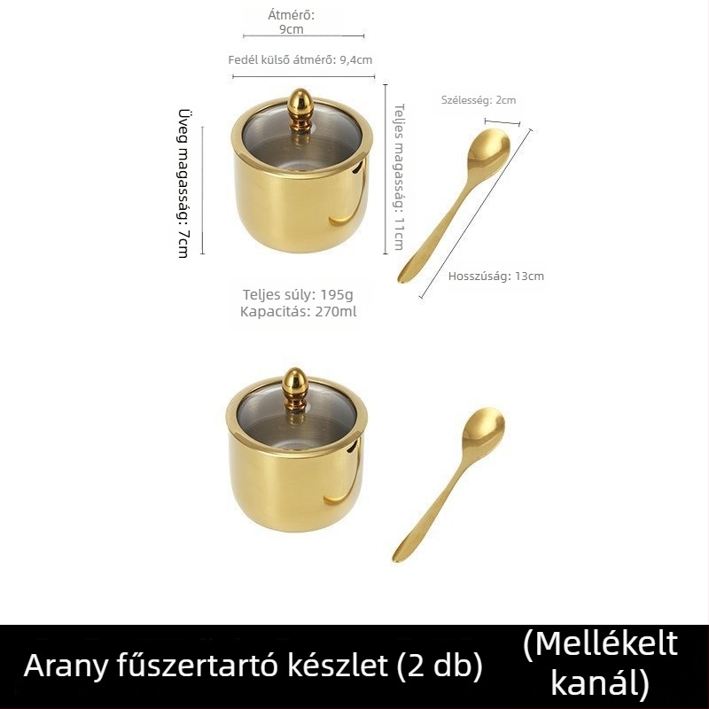 Rozsdamentes acélból készült fűszertartó készlet üvegfedéllel és kanállal, kerek formájú 304-es rozsdamentes acélból