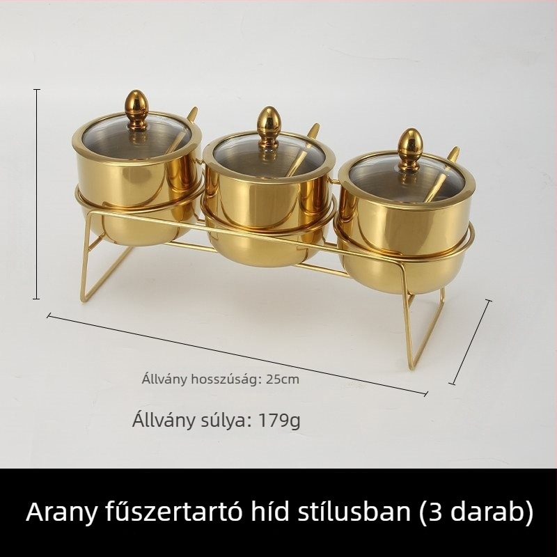 Rozsdamentes acélból készült fűszertartó készlet üvegfedéllel és kanállal, kerek formájú 304-es rozsdamentes acélból