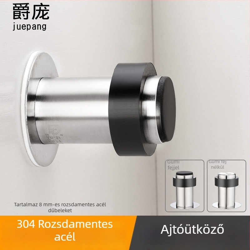 304 rozsdamentes acél ajtóstop gumírozott fejjel, ütésálló, rögzítés fúrás nélkül, fürdőszobai üvegajtókhoz, 60 mm