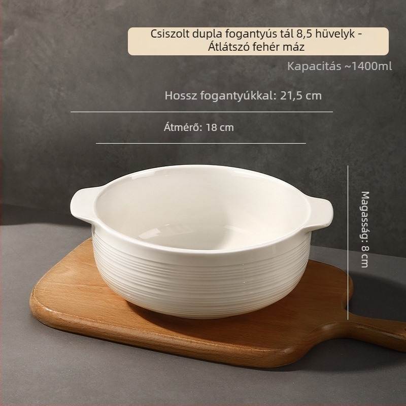 Kétfülű fehér kerámia levesestál, nagy méret, modern dizájn