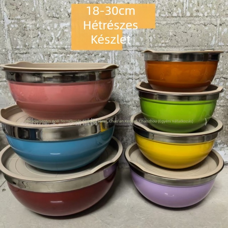 Színes rozsdamentes acél keverőtál fedővel, vastagított és mélyített, kerek forma élelmiszer-előkészítéshez