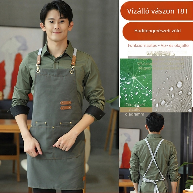 Vízálló vászon derékkötény, állítható, catering és teaházak számára, logó- és szövegnyomtatással