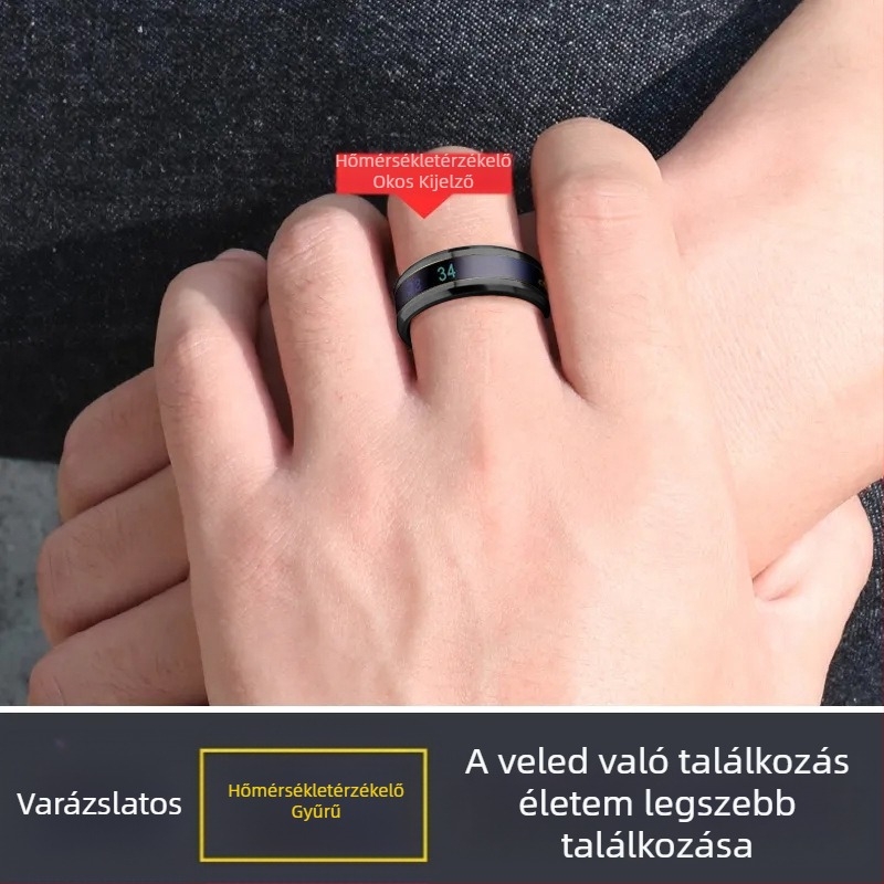 Férfi hőmérsékletérzékelő gyűrű — intelligens titánium-acélból, divatos dizájn, testhőmérséklet szerint színét változtatja a mutatóujján