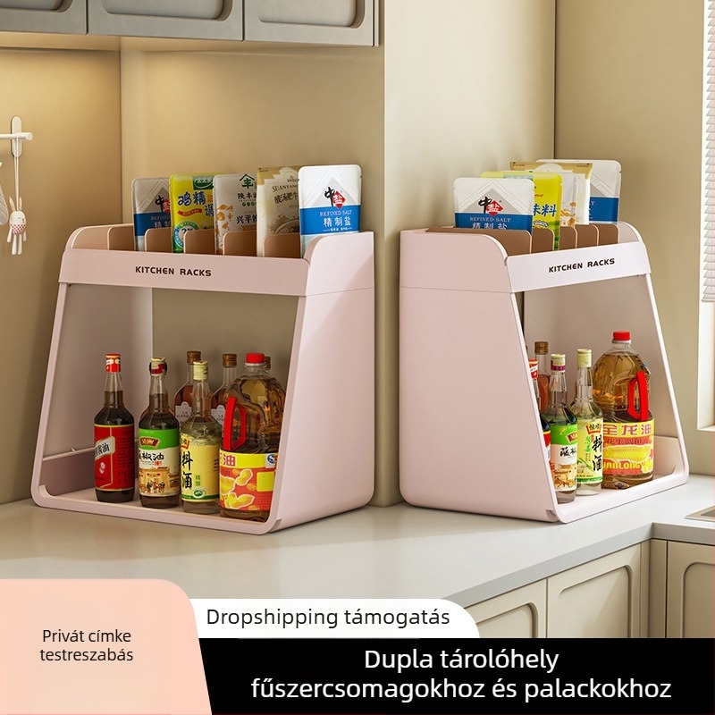 Kétszintes konyhai fűszerrács a pultra - fűszertartó üvegek rendezője olaj, só, szósz és ecet számára