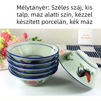 6 hüvelykes rizspalack kakas mintával, kék perem, celadon máz a belső felületen, nosztalgikus retro stílus