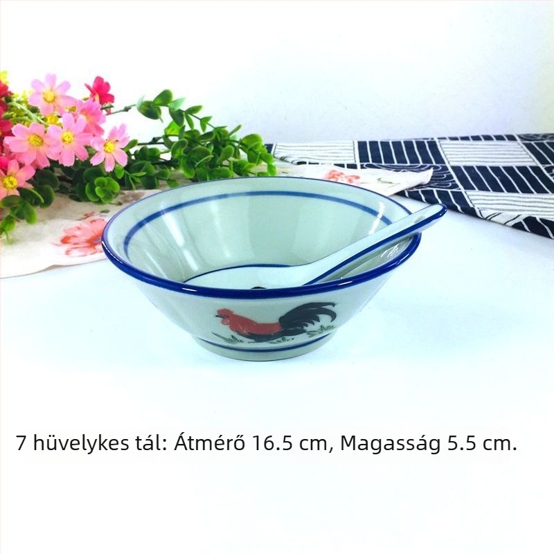 6 hüvelykes rizspalack kakas mintával, kék perem, celadon máz a belső felületen, nosztalgikus retro stílus