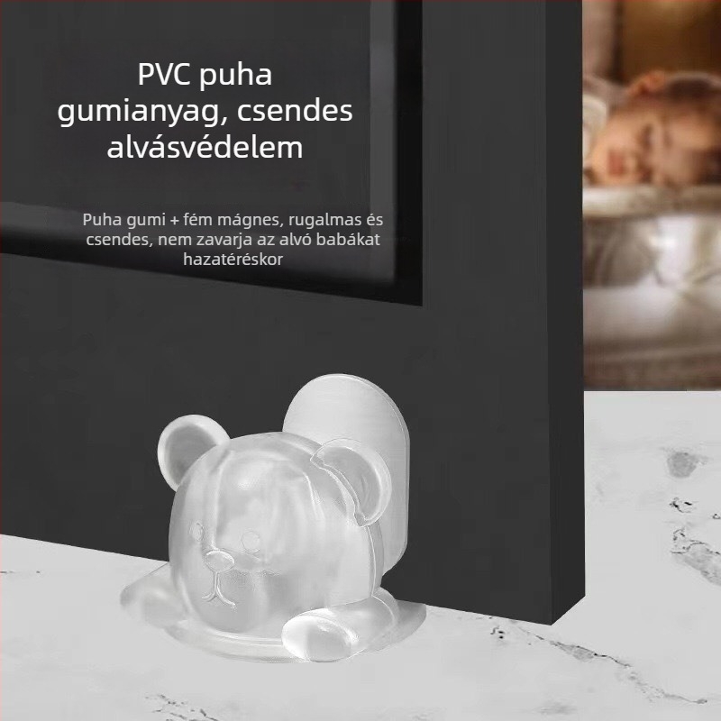 Átlátszó szilikon ajtócsap medve alakban – erős mágneses, csendes, fúrás nélkül, talajszívó rögzítés, hálószoba és fürdőszoba számára