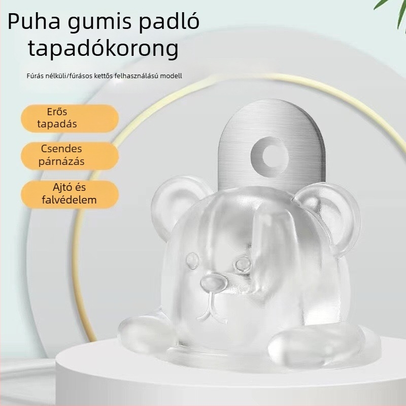 Átlátszó szilikon ajtócsap medve alakban – erős mágneses, csendes, fúrás nélkül, talajszívó rögzítés, hálószoba és fürdőszoba számára