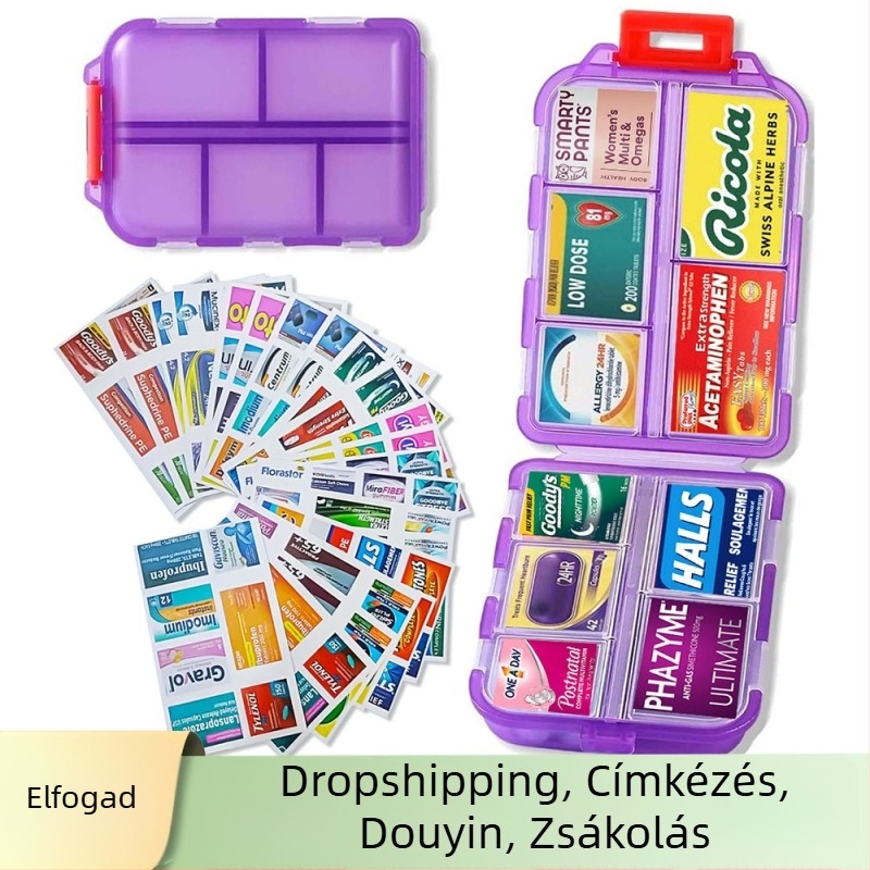 PP műanyag tablettás doboz címkével, vízálló és párásodás elleni védelem, 10 rekesz, kompakt utazó kapszula doboz, méretei 9.5 x 6.4 x 2.5 cm