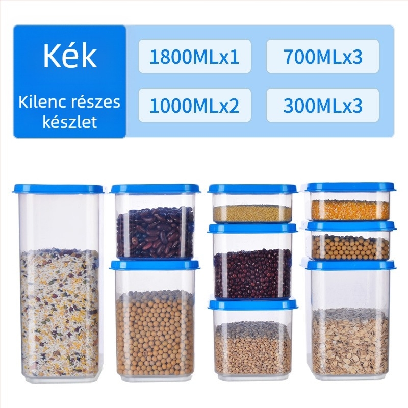 Műanyag zárható tárolóedény gabonafélék és száraz élelmiszerekhez, négyszögletes formájú, 800–1000 ml, konyha vagy hűtő használatra, teához, gabonákhoz és hüvelyesekhez