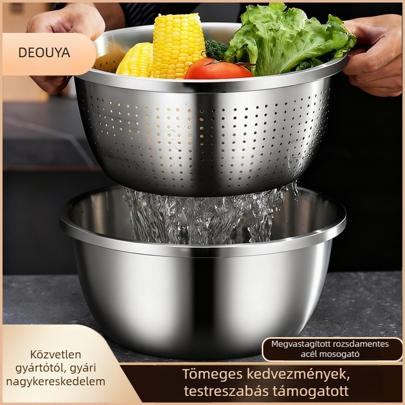 Élelmiszer-minőségű rozsdamentes acélból készült konyhai edénykészlet: vastag falú tojásverő tál, fűszertartó, zöldségek mosására szolgáló tál és tészta dagasztó tál