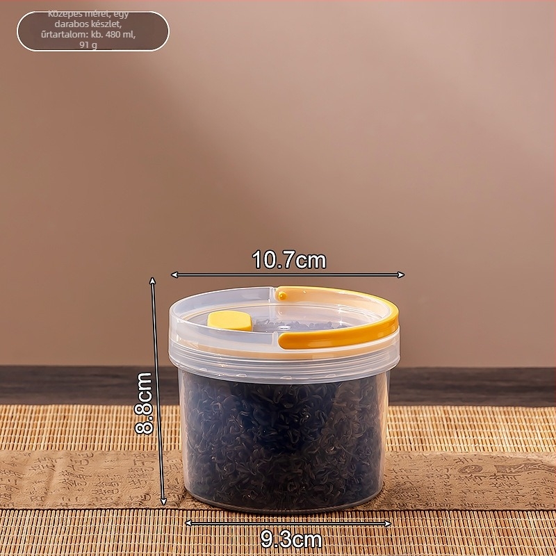 Műanyag zárható, átlátszó, kör alakú edény fedéllel – tea levelek, kávébabok és dió tárolására, 800-1000 ml, konyhai tárolás.