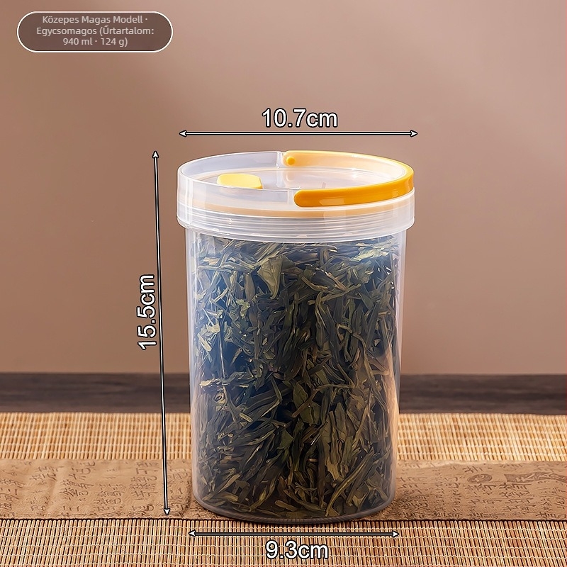 Műanyag zárható, átlátszó, kör alakú edény fedéllel – tea levelek, kávébabok és dió tárolására, 800-1000 ml, konyhai tárolás.
