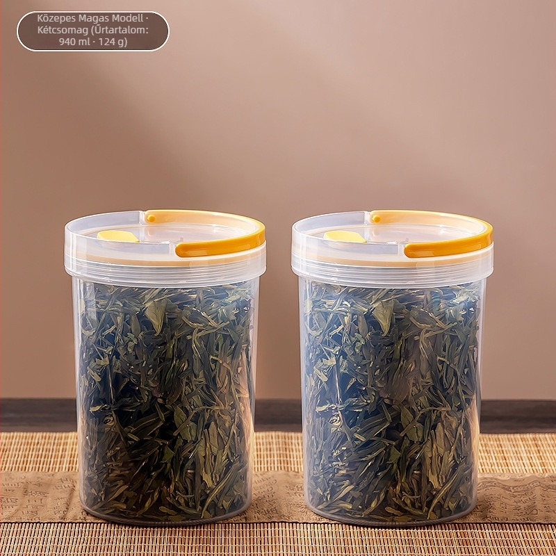 Műanyag zárható, átlátszó, kör alakú edény fedéllel – tea levelek, kávébabok és dió tárolására, 800-1000 ml, konyhai tárolás.