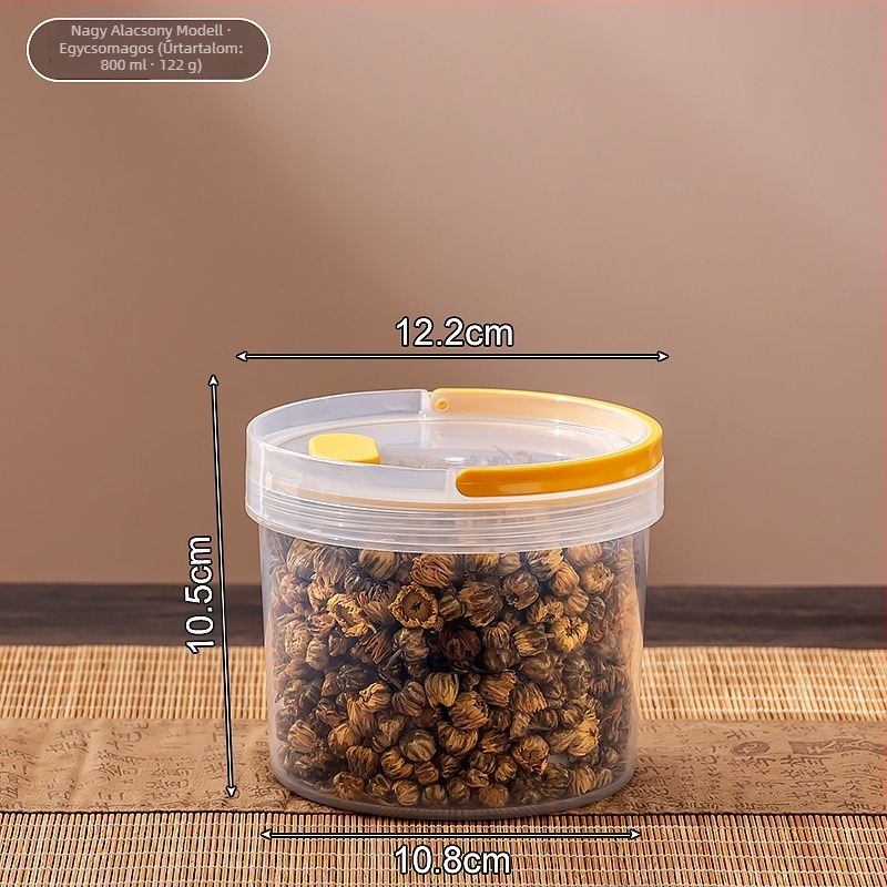 Műanyag zárható, átlátszó, kör alakú edény fedéllel – tea levelek, kávébabok és dió tárolására, 800-1000 ml, konyhai tárolás.