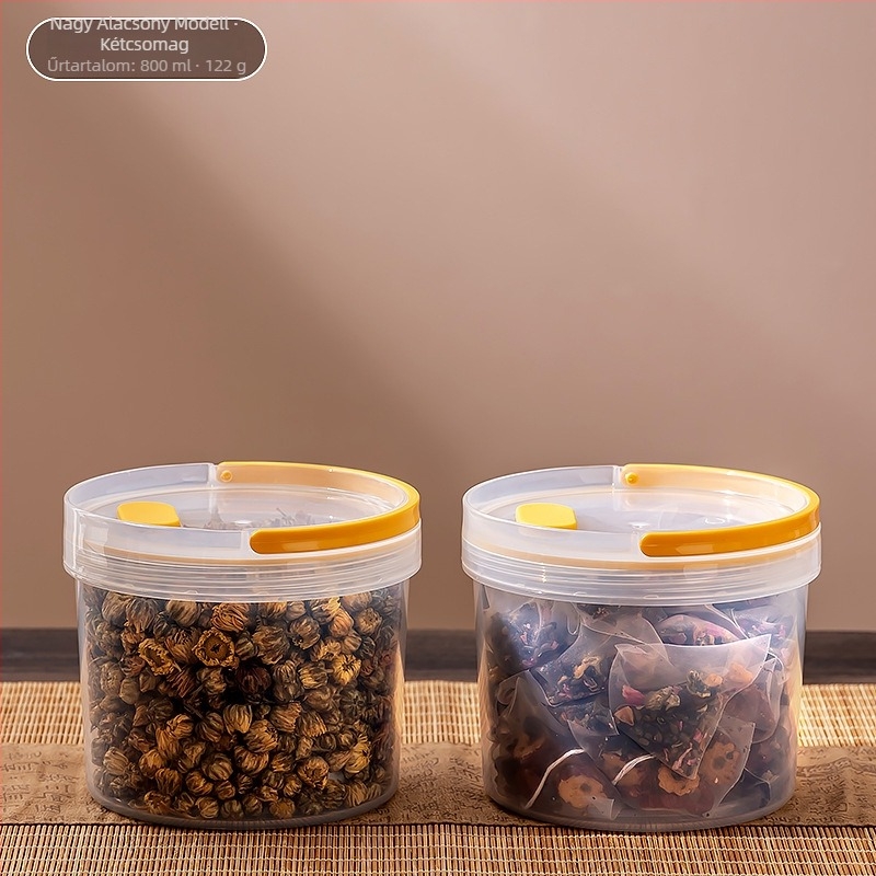 Műanyag zárható, átlátszó, kör alakú edény fedéllel – tea levelek, kávébabok és dió tárolására, 800-1000 ml, konyhai tárolás.