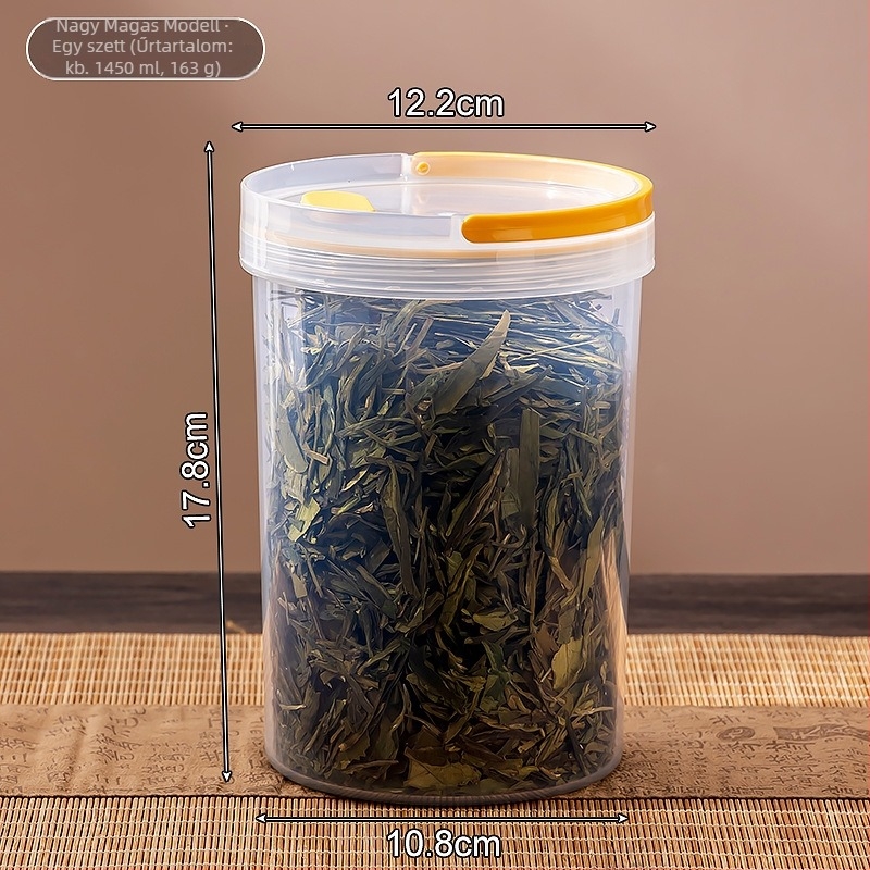 Műanyag zárható, átlátszó, kör alakú edény fedéllel – tea levelek, kávébabok és dió tárolására, 800-1000 ml, konyhai tárolás.
