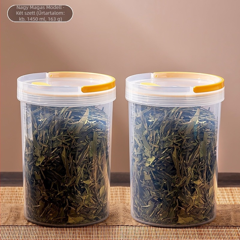 Műanyag zárható, átlátszó, kör alakú edény fedéllel – tea levelek, kávébabok és dió tárolására, 800-1000 ml, konyhai tárolás.