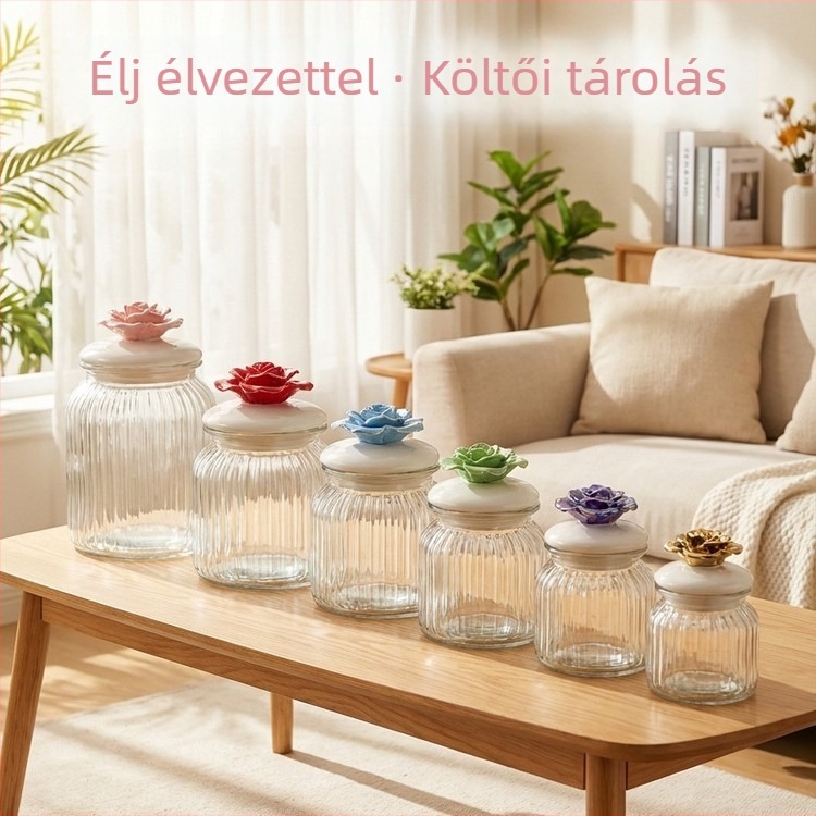 Skandináv stílusú üveges zárható tárolóedény fedővel, konyhai szárazárukhoz és nassolnivalókhoz