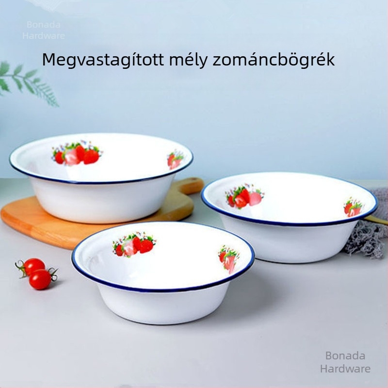 Vastag mély zománc tál, nosztalgikus retro stílus, leveshez, rizshez és tésztához