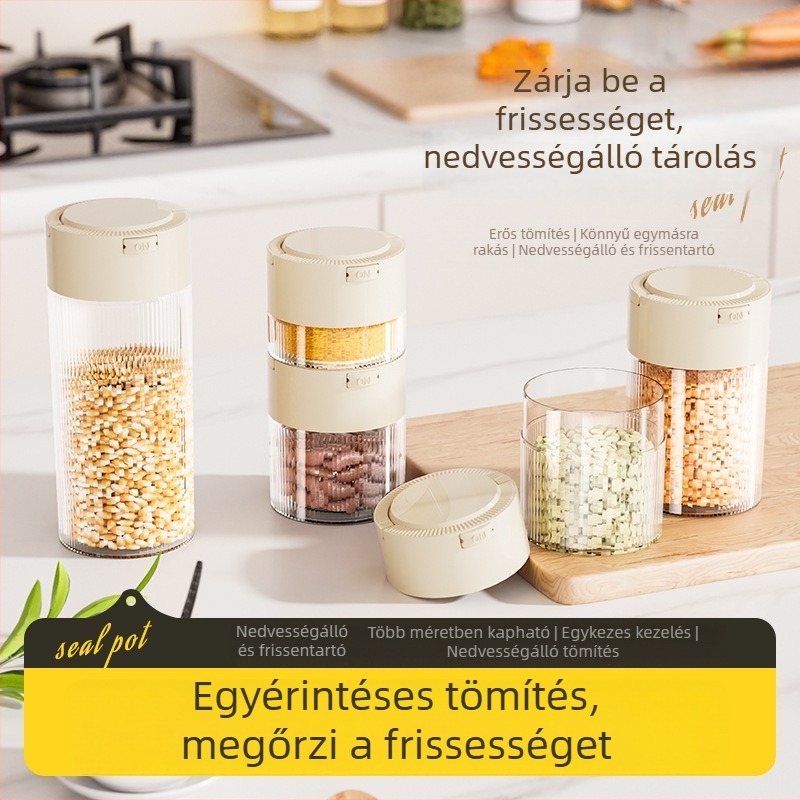 Műanyag, légmentesen záródó konyhai tárolóedény, kerek, 1–2 l, kávébabok, tealevelek és gabonafélék számára