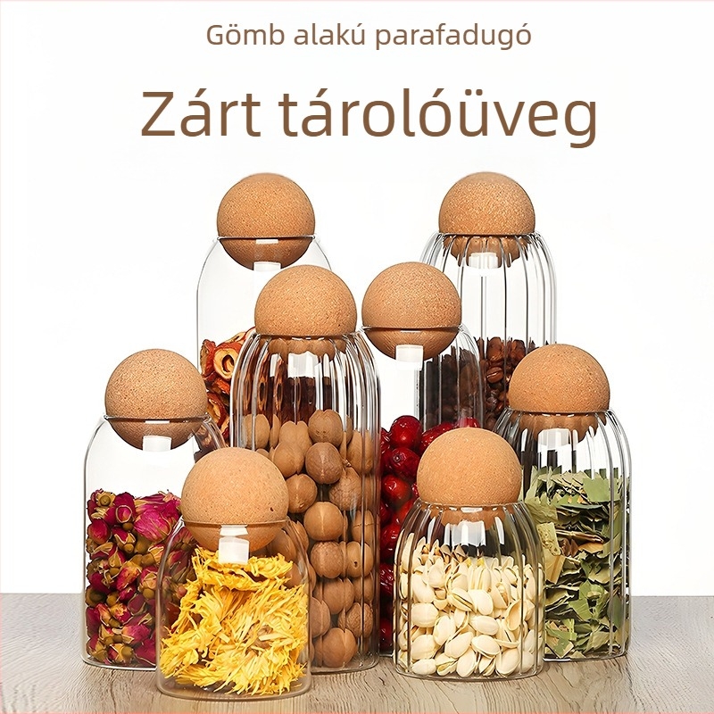 Egyedi kör alakú üveg tároló edény fa golyóval, zárható tea- és gabonafélékhez, boroszilikát üveg, 501–800 ml
