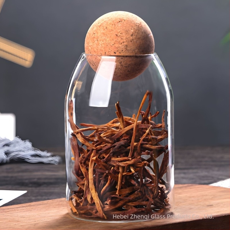 Egyedi kör alakú üveg tároló edény fa golyóval, zárható tea- és gabonafélékhez, boroszilikát üveg, 501–800 ml