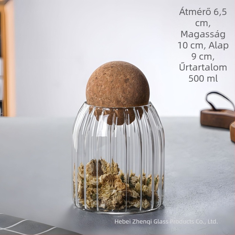 Egyedi kör alakú üveg tároló edény fa golyóval, zárható tea- és gabonafélékhez, boroszilikát üveg, 501–800 ml