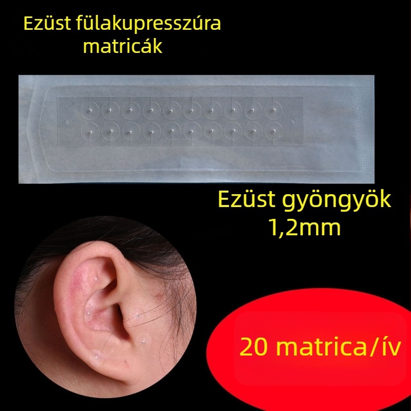 Átlátszó fül-masszázs tapasz akupont nyomásával, arany- és ezüst gyöngyökkel, rozé arany gyöngyökkel, fehér, 100 darab