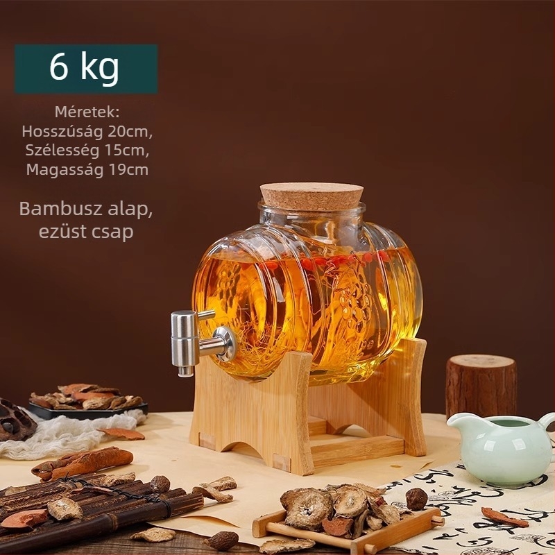 Horizontális üvegtartály otthoni ginseng bor készítéséhez, prémium kategóriás tartály csappal és zárt fedéllel