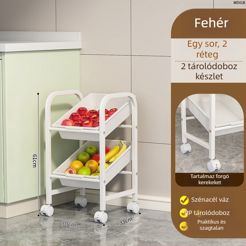 Kényelmes konyhai tároló állvány zöldségek és tálak számára, négylépcsős padlón álló tároló