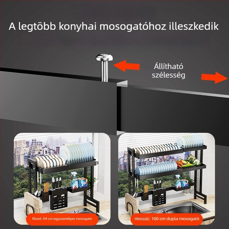 Konyhai mosogatóhoz tervezett, kihúzható edény- és tálaszárító, felületi tároló, többfunkciós