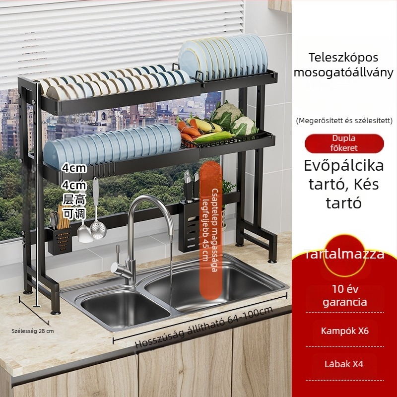 Konyhai mosogatóhoz tervezett, kihúzható edény- és tálaszárító, felületi tároló, többfunkciós