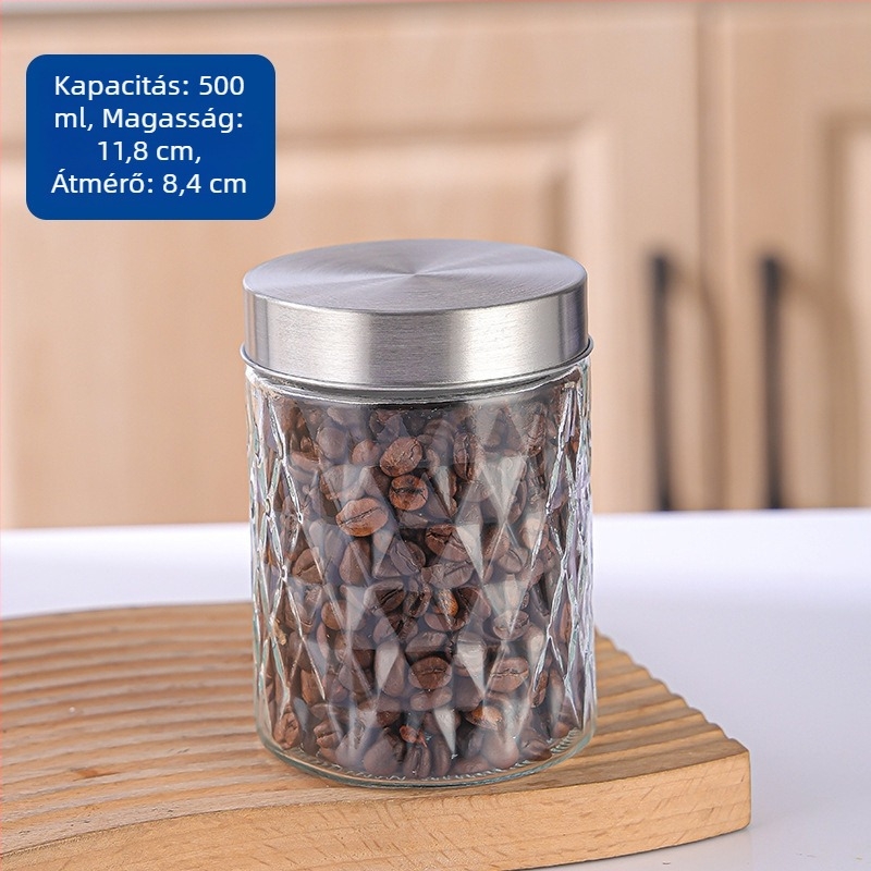 Zárható üvegből készült kerek tárolóedények élelmiszerekhez, gabonákhoz, magvakhoz, savanyúsághoz, lekvárhoz és teához