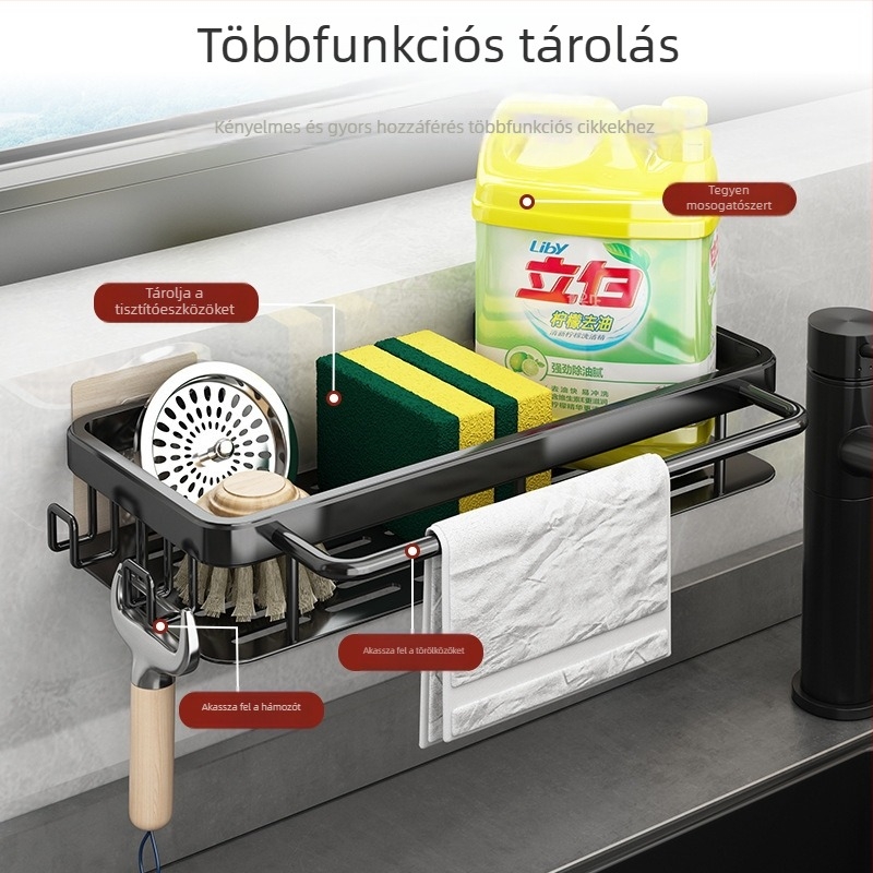 Fali konyhai tároló polc lecsöpögtető kosárral, fúrás nélkül – többfunkciós mosogatóhoz