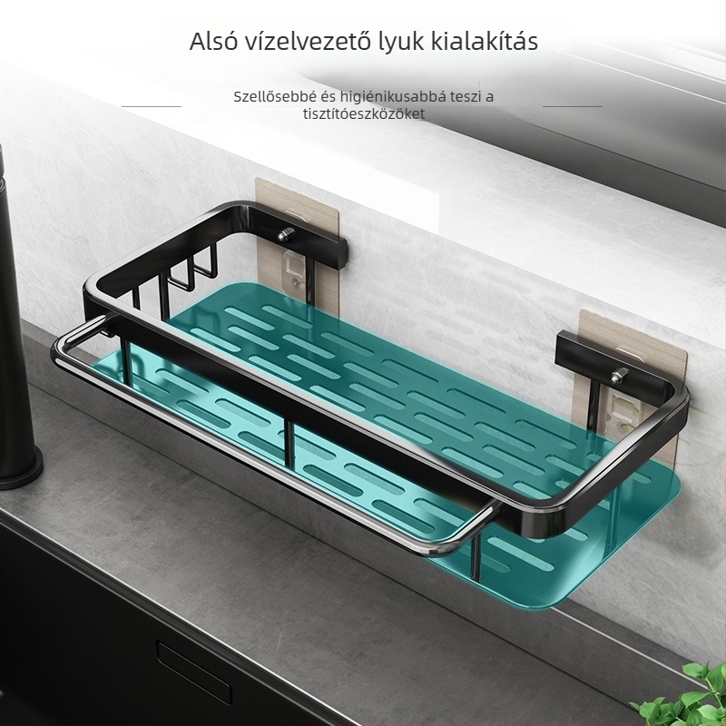 Fali konyhai tároló polc lecsöpögtető kosárral, fúrás nélkül – többfunkciós mosogatóhoz