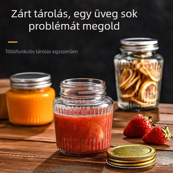 Zárt üveg tárolóedény függőleges csíkokkal, gyümölcsök, méz, kávé, tea, dió és nassolnivalók számára
