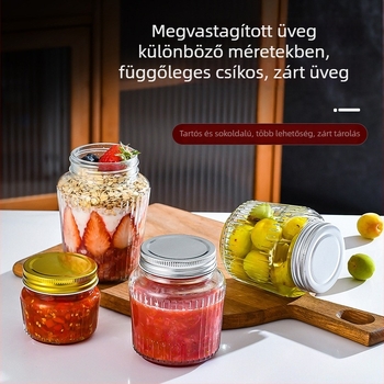 Zárt üveg tárolóedény függőleges csíkokkal, gyümölcsök, méz, kávé, tea, dió és nassolnivalók számára