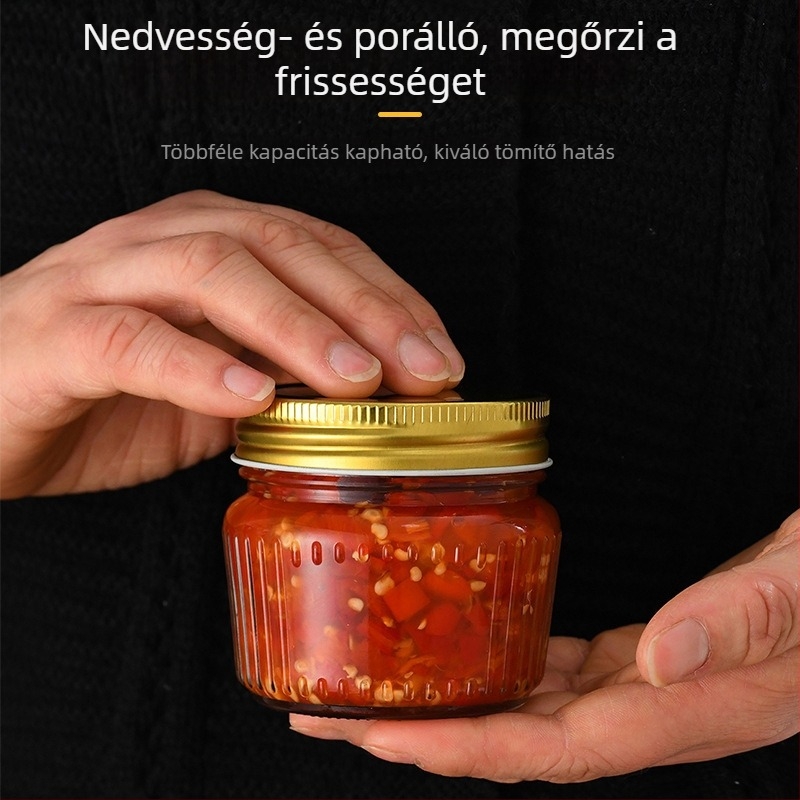 Zárt üveg tárolóedény függőleges csíkokkal, gyümölcsök, méz, kávé, tea, dió és nassolnivalók számára