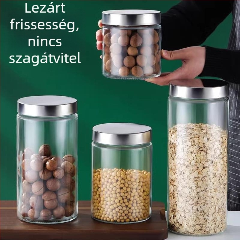 Nedvességálló tároló üveg gabonára és teára, élelmiszer-minőségű üveg, rozsdamentes acél fedővel