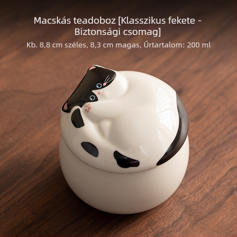 Macska motívumú kerámia teatároló zárható fedéllel, 200 ml, Pu'er és zöld tea számára, aranyos és praktikus teás kiegészítő