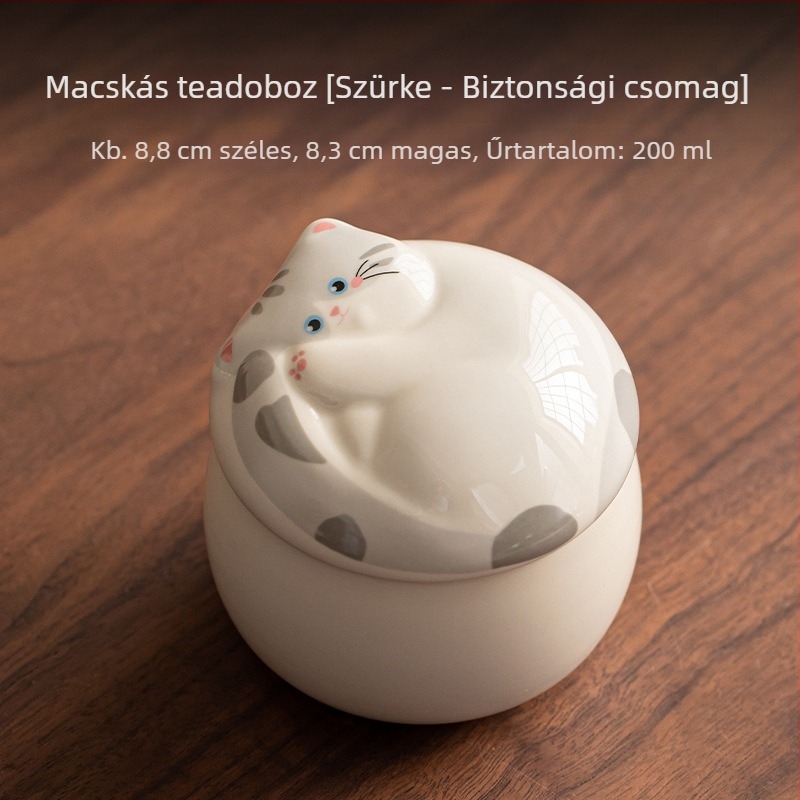 Macska motívumú kerámia teatároló zárható fedéllel, 200 ml, Pu'er és zöld tea számára, aranyos és praktikus teás kiegészítő