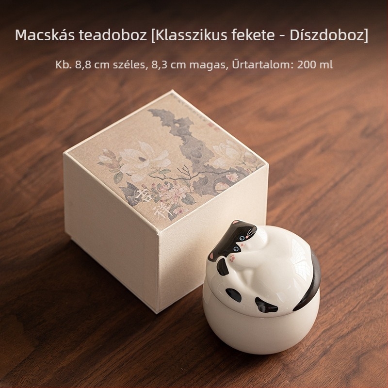 Macska motívumú kerámia teatároló zárható fedéllel, 200 ml, Pu'er és zöld tea számára, aranyos és praktikus teás kiegészítő