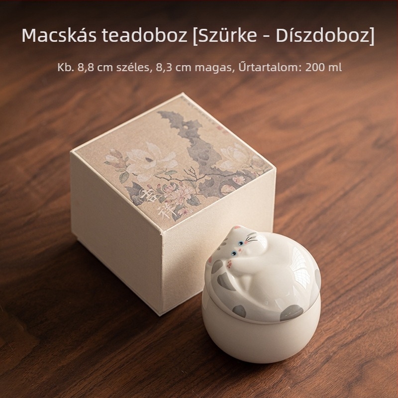 Macska motívumú kerámia teatároló zárható fedéllel, 200 ml, Pu'er és zöld tea számára, aranyos és praktikus teás kiegészítő