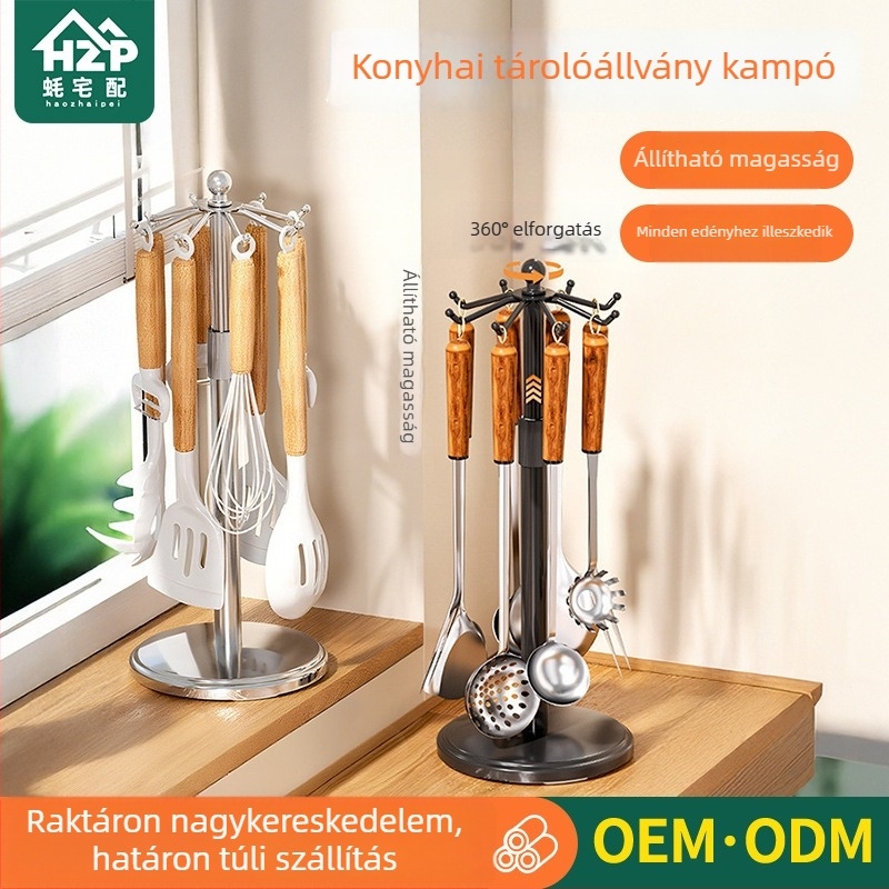 Rozsdamentes acélból készült konyhai szervező horgokkal kanálokhoz és spatulákhoz, fúrás nélkül, multifunkcionális forgó spatula-tartó