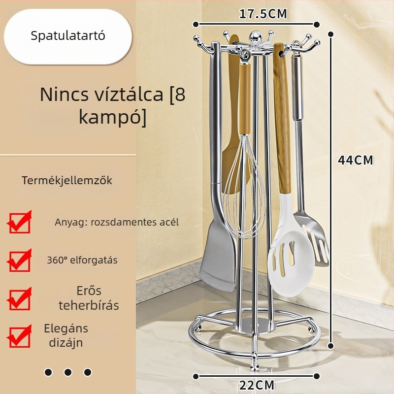 Rozsdamentes acélból készült konyhai szervező horgokkal kanálokhoz és spatulákhoz, fúrás nélkül, multifunkcionális forgó spatula-tartó