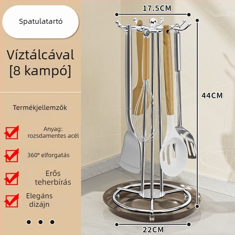 Rozsdamentes acélból készült konyhai szervező horgokkal kanálokhoz és spatulákhoz, fúrás nélkül, multifunkcionális forgó spatula-tartó