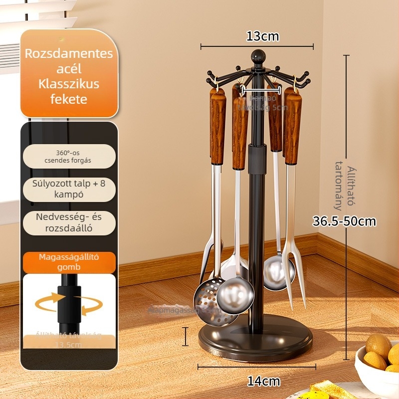 Rozsdamentes acélból készült konyhai szervező horgokkal kanálokhoz és spatulákhoz, fúrás nélkül, multifunkcionális forgó spatula-tartó