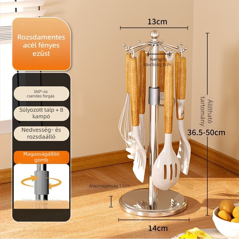 Rozsdamentes acélból készült konyhai szervező horgokkal kanálokhoz és spatulákhoz, fúrás nélkül, multifunkcionális forgó spatula-tartó