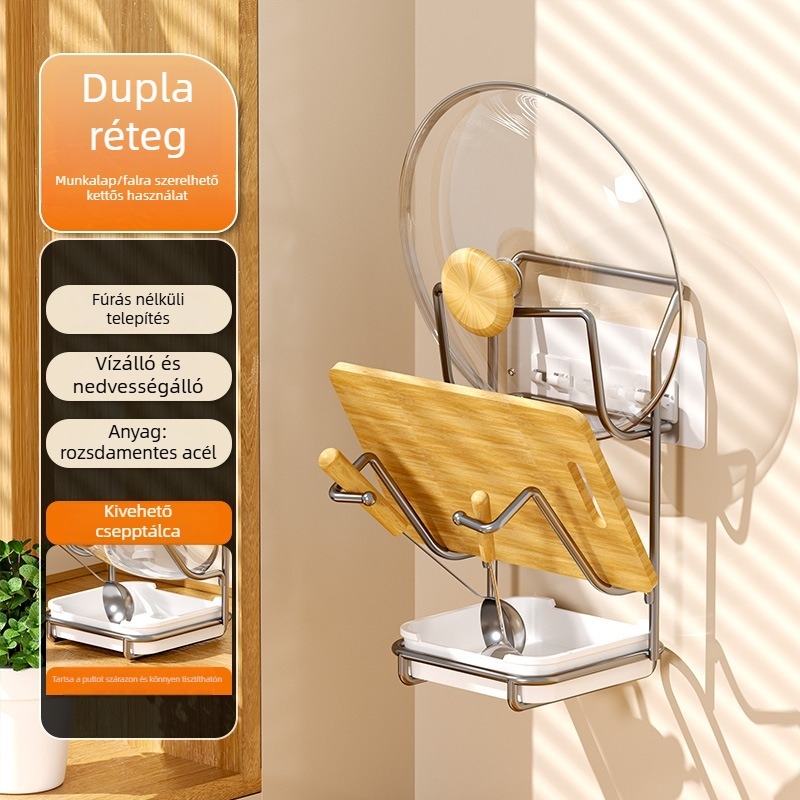 Rozsdamentes acélból készült konyhai szervező horgokkal kanálokhoz és spatulákhoz, fúrás nélkül, multifunkcionális forgó spatula-tartó